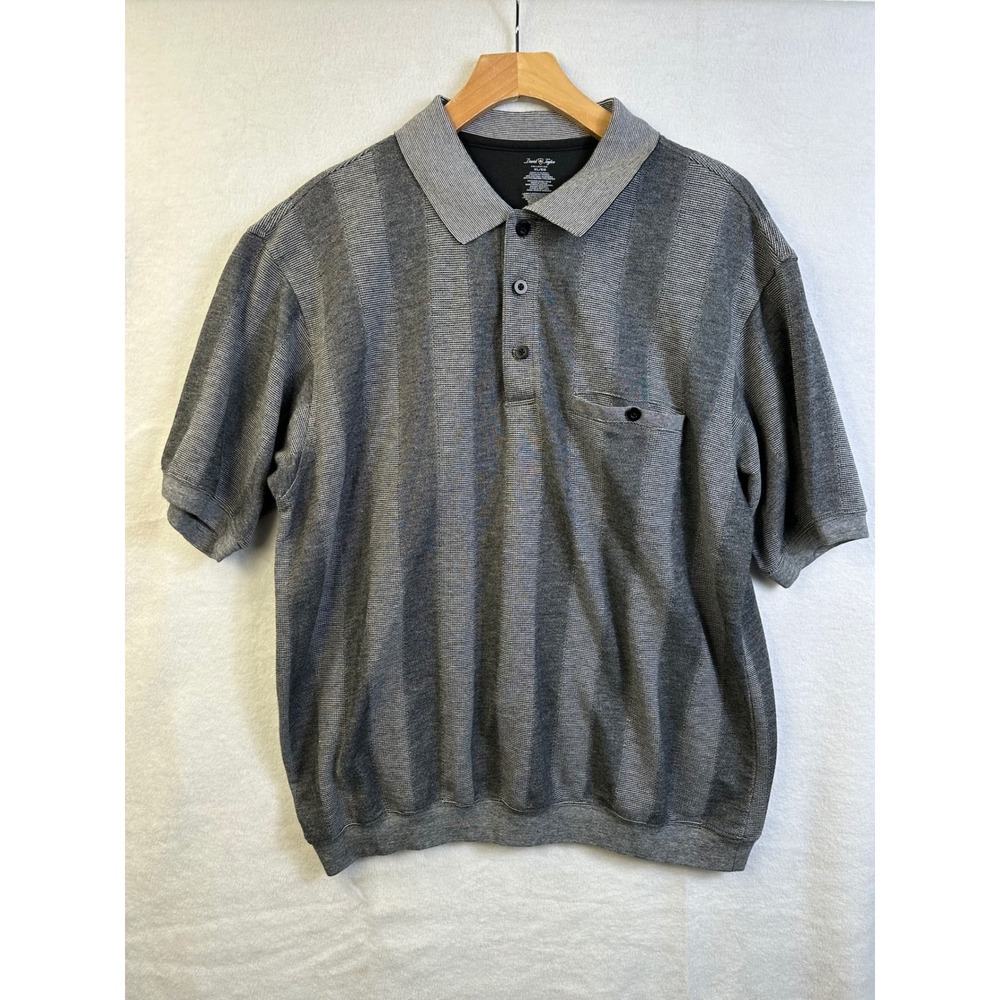 David Taylor Collection Mens Grey Striped Short Sleeve Polo Shirt XL Banded Hem